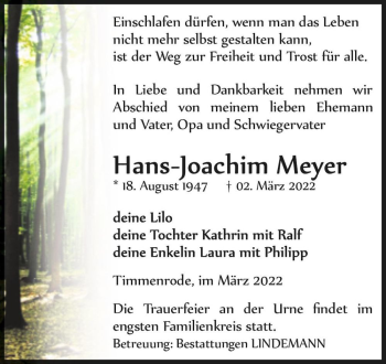 Traueranzeige von Hans-Joachim Meyer  von Magdeburger Volksstimme