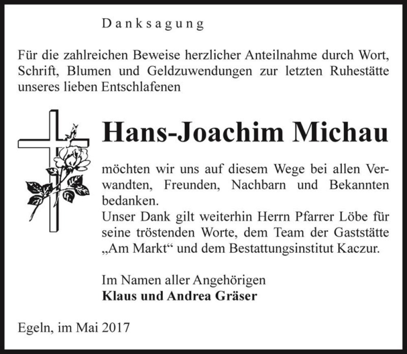  Traueranzeige für Hans-Joachim Michau  vom 27.05.2017 aus Magdeburger Volksstimme