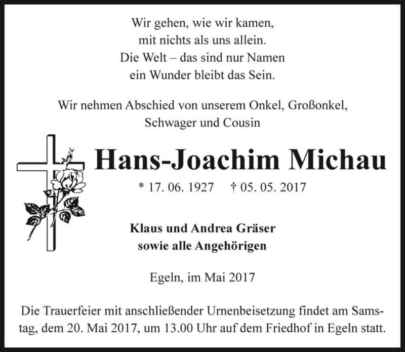  Traueranzeige für Hans-Joachim Michau  vom 12.05.2017 aus Magdeburger Volksstimme