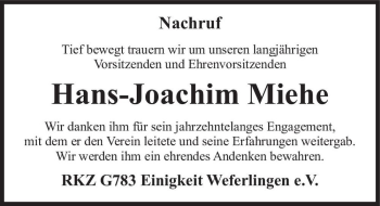 Traueranzeige von Hans-Joachim Miehe  von Magdeburger Volksstimme