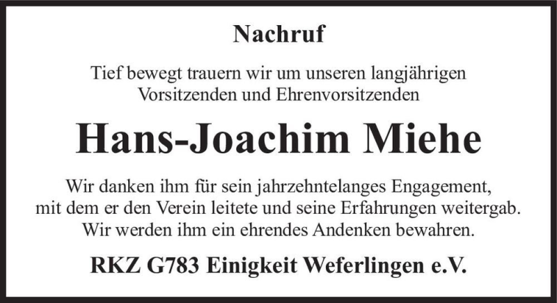  Traueranzeige für Hans-Joachim Miehe  vom 21.08.2021 aus Magdeburger Volksstimme