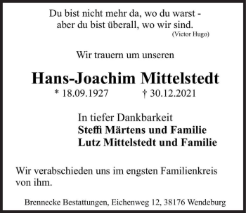 Traueranzeige von Hans-Joachim Mittelstedt  von Magdeburger Volksstimme