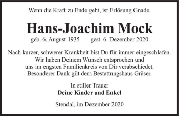 Traueranzeige von Hans-Joachim Mock  von Magdeburger Volksstimme