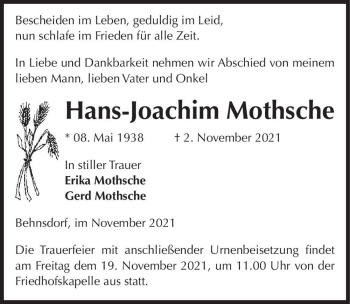 Traueranzeige von Hans-Joachim Mothsche  von Magdeburger Volksstimme