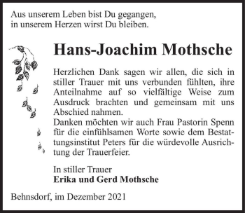 Traueranzeige von Hans-Joachim Mothsche  von Magdeburger Volksstimme