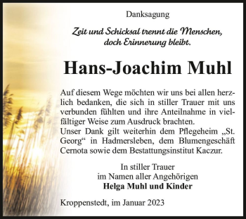 Traueranzeige von Hans-Joachim Muhl  von Magdeburger Volksstimme