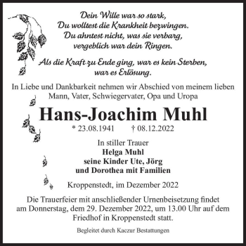 Traueranzeige von Hans-Joachim Muhl  von Magdeburger Volksstimme