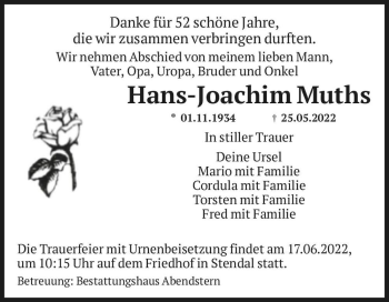 Traueranzeige von Hans - Joachim Muths  von Magdeburger Volksstimme