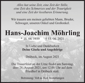 Traueranzeige von Hans-Joachim Möhrling  von Magdeburger Volksstimme