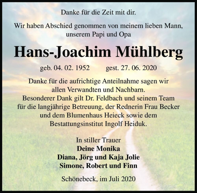  Traueranzeige für Hans-Joachim Mühlberg  vom 25.07.2020 aus Magdeburger Volksstimme