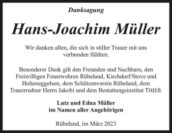 Traueranzeige von Hans-Joachim Müller  von Magdeburger Volksstimme