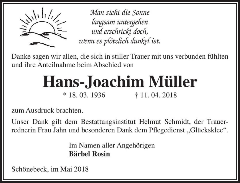  Traueranzeige für Hans-Joachim Müller  vom 12.05.2018 aus Magdeburger Volksstimme