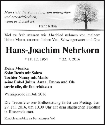 Traueranzeige von Hans-Joachim Nehrkorn  von Magdeburger Volksstimme
