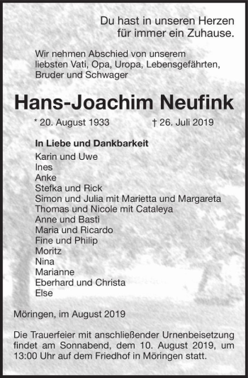 Traueranzeige von Hans-Joachim Neufink  von Magdeburger Volksstimme