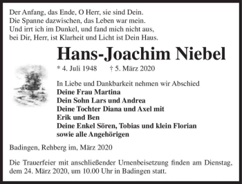 Traueranzeige von Hans-Joachim Niebel  von Magdeburger Volksstimme