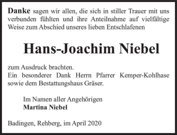 Traueranzeige von Hans-Joachim Niebel  von Magdeburger Volksstimme