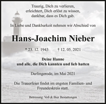 Traueranzeige von Hans-Joachim Nieber  von Magdeburger Volksstimme