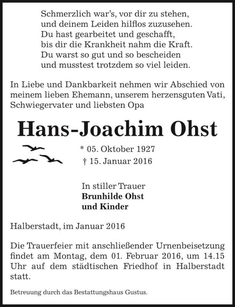 Traueranzeige für Hans-Joachim Ohst  vom 23.01.2016 aus Magdeburger Volksstimme