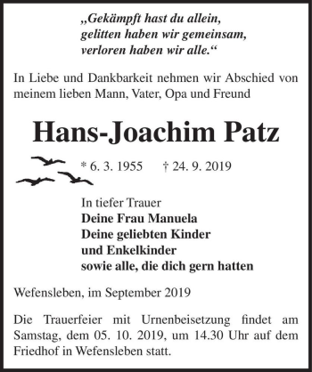 Traueranzeige von Hans-Joachim Patz  von Magdeburger Volksstimme