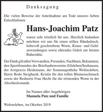 Traueranzeige von Hans-Joachim Patz  von Magdeburger Volksstimme