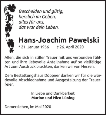 Traueranzeige von Hans-Joachim Pawelski  von Magdeburger Volksstimme