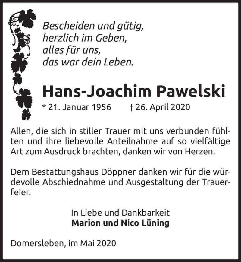  Traueranzeige für Hans-Joachim Pawelski  vom 23.05.2020 aus Magdeburger Volksstimme