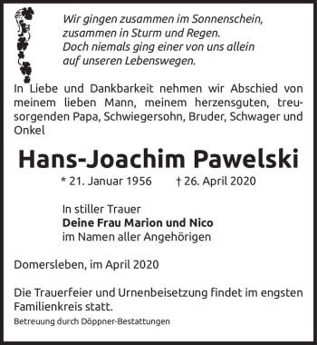 Traueranzeige von Hans-Joachim Pawelski  von Magdeburger Volksstimme