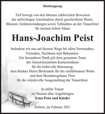 Traueranzeige von Hans-Joachim Peist  von Magdeburger Volksstimme