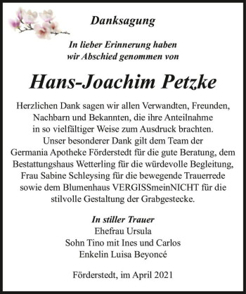 Traueranzeige von Hans-Joachim Petzke  von Magdeburger Volksstimme