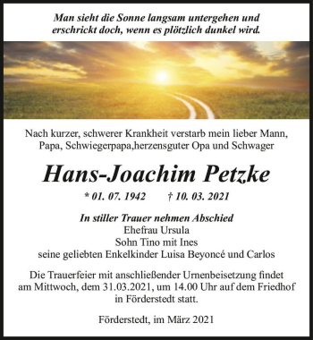 Traueranzeige von Hans-Joachim Petzke  von Magdeburger Volksstimme