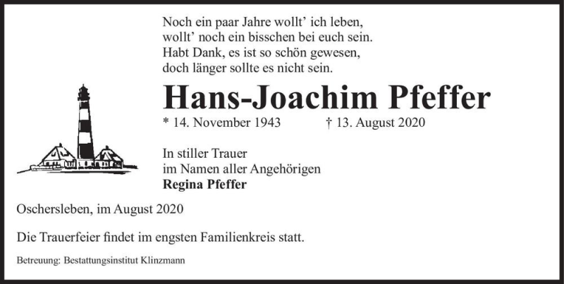  Traueranzeige für Hans-Joachim Pfeffer  vom 19.08.2020 aus Magdeburger Volksstimme