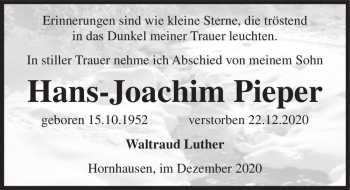 Traueranzeige von Hans-Joachim Pieper  von Magdeburger Volksstimme