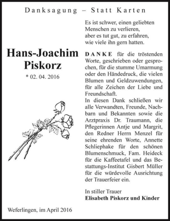 Traueranzeige von Hans-Joachim Piskorz  von Magdeburger Volksstimme