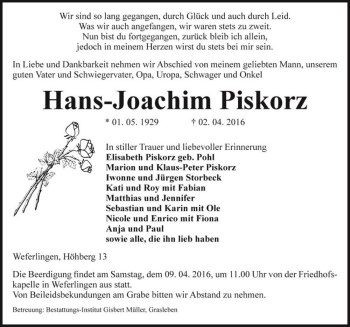 Traueranzeige von Hans-Joachim Piskorz  von Magdeburger Volksstimme