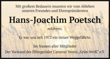 Traueranzeige von Hans-Joachim Poetsch  von Magdeburger Volksstimme