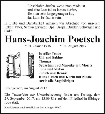 Traueranzeige von Hans-Joachim Poetsch  von Magdeburger Volksstimme
