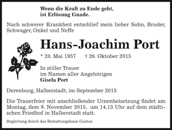 Traueranzeige von Hans-Joachim Port  von Magdeburger Volksstimme