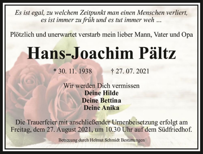  Traueranzeige für Hans-Joachim Pältz  vom 14.08.2021 aus Magdeburger Volksstimme