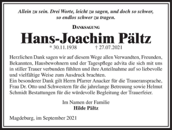 Traueranzeige von Hans-Joachim Pältz  von Magdeburger Volksstimme