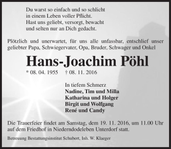 Traueranzeige von Hans-Joachim Pöhl  von Magdeburger Volksstimme