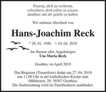 Traueranzeige von Hans-Joachim Reck  von Magdeburger Volksstimme