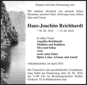 Traueranzeige von Hans-Joachim Reichhardt  von Magdeburger Volksstimme
