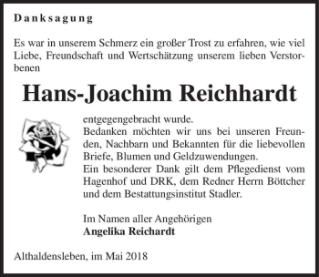 Traueranzeige von Hans-Joachim Reichhardt  von Magdeburger Volksstimme