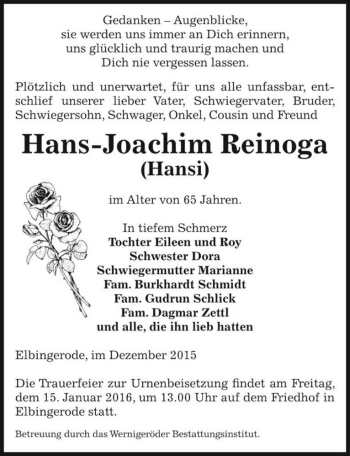 Traueranzeige von Hans-Joachim Reinoga 
