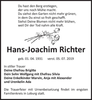 Traueranzeige von Hans-Joachim Richter  von Magdeburger Volksstimme