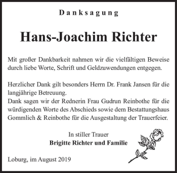 Traueranzeige von Hans-Joachim Richter  von Magdeburger Volksstimme