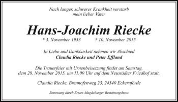 Traueranzeige von Hans-Joachim Riecke  von Magdeburger Volksstimme