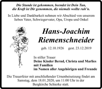 Traueranzeige von Hans-Joachim Riemenschneider  von Magdeburger Volksstimme