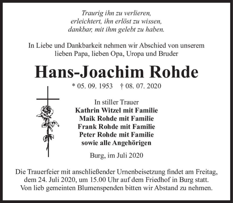  Traueranzeige für Hans-Joachim Rohde  vom 18.07.2020 aus Magdeburger Volksstimme