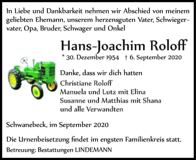  Traueranzeige für Hans-Joachim Roloff  vom 12.09.2020 aus Magdeburger Volksstimme
